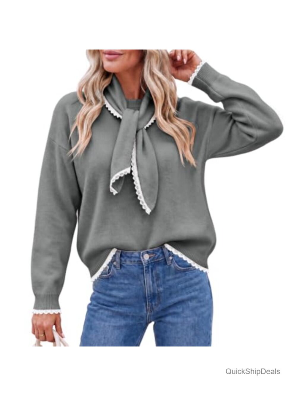 Saodimallsu Scarf Collar Lace Trim Pullover Sweater Long Sleeve